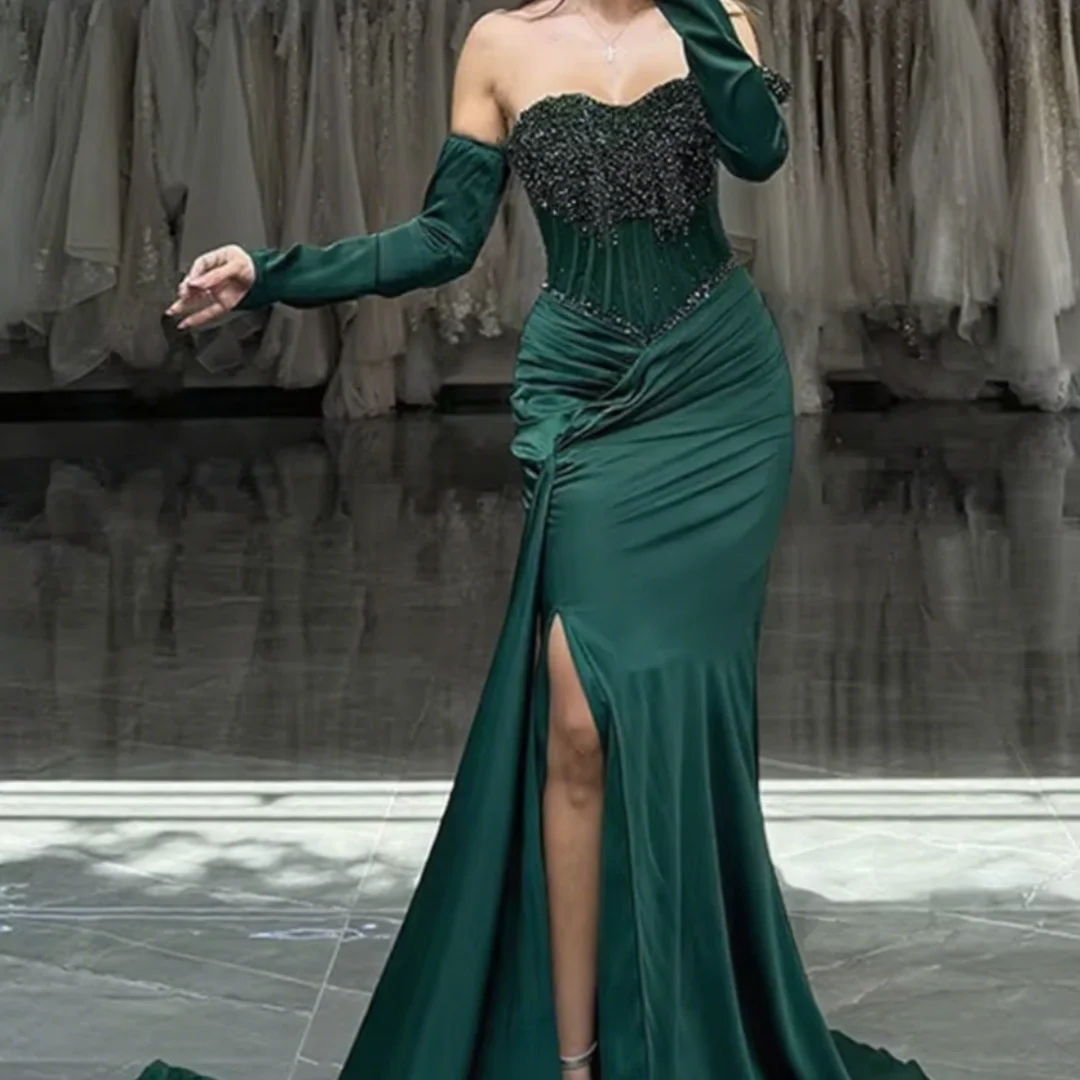 Elegante sem alças frisado festa de formatura vestidos sexy lado split sereia vestidos de noite femininos personalizados