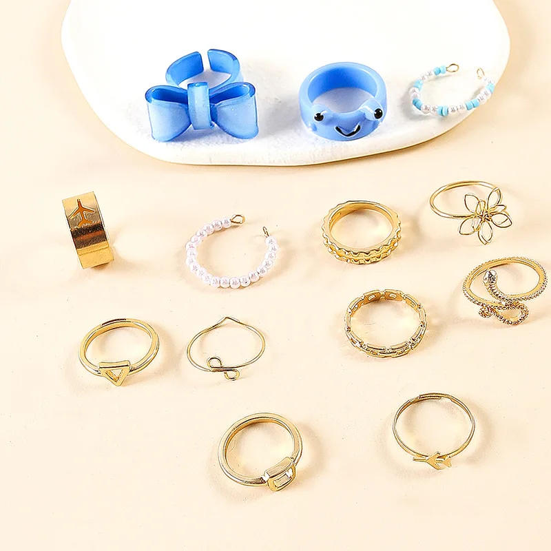 13-Piece Klein Blue Ring Bow Love Open Index Finger Ring Women's Niche Design Adjustable Joint Ring