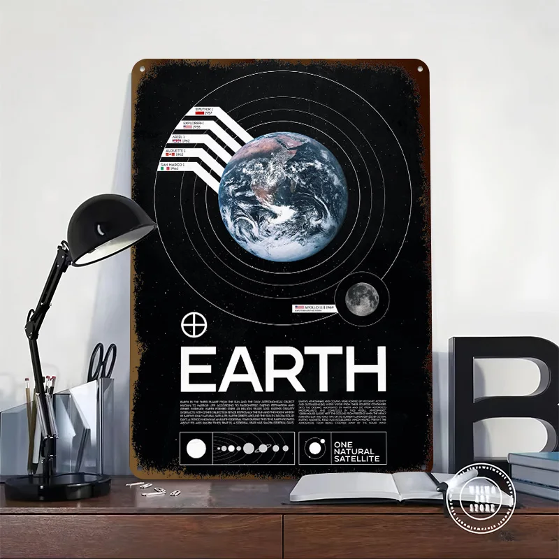 Earth and Moon Space Exploration 3D Texture Printed Poster Custom Vintage Metal Tin Plate Sign for Wall Art Interior Accessories