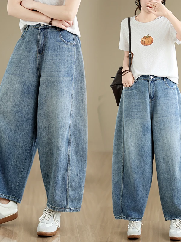 Washed High Waist Soft Denim Jeans Women Summer Style Artistic Casual Nine Points Pants Cotton 100% Elastic Grade Loose Fit