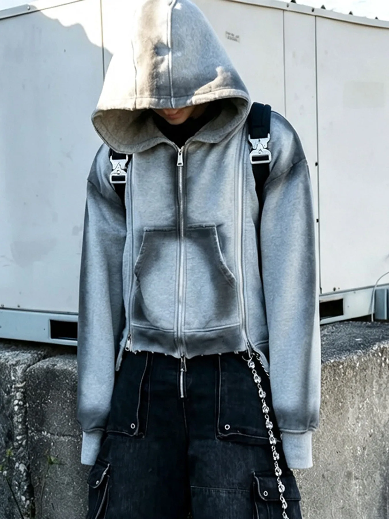 Gothic Streetwear Vintage Washed Distressed Zip-Up Hooded Sweatshirt Unisex Loose Casual Outerwear Jacket