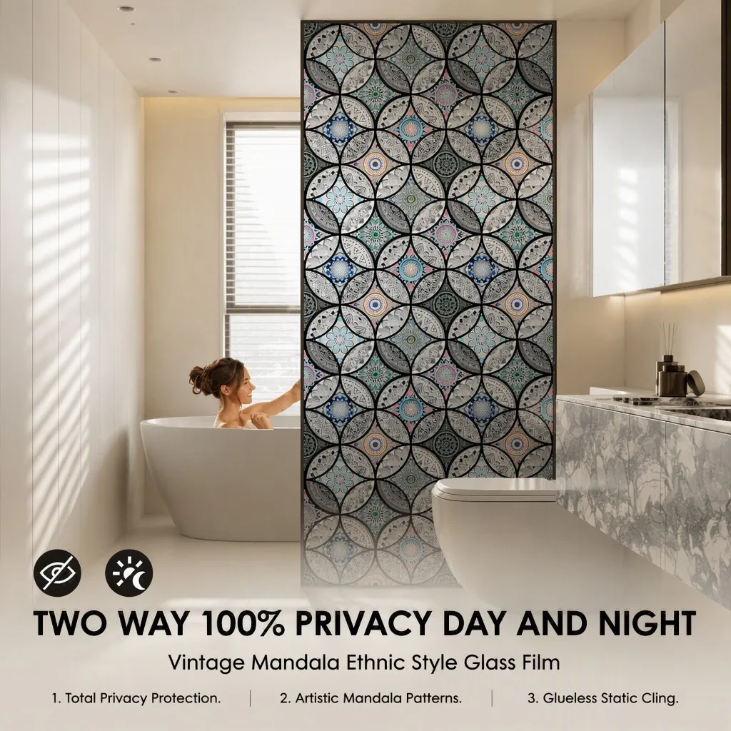 Two Way Privacy Window Film Mandala Boho 100% Privacy Day and Night Static Cling for Bathroom Shower Glass Door Home