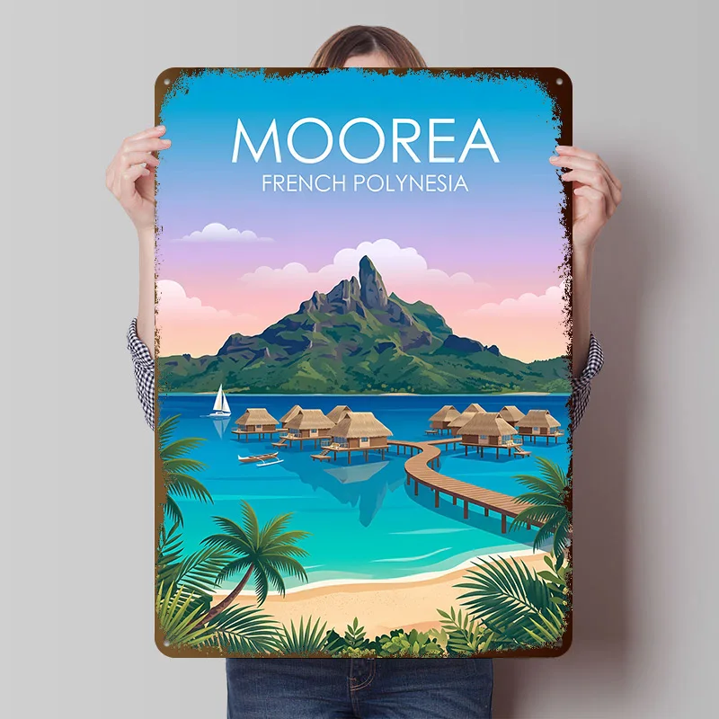 Póster impreso de Polinesia Francesa de Moorea, arte de pared personalizado, letreros de metal retro vintage para decoración de habitaciones, decoración de casas de juegos