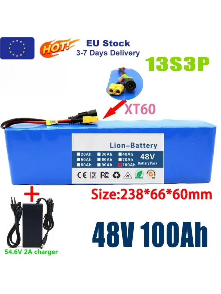 Neuer 48V 100Ah 2000W 13S3P DC/T Lithium-Ionen-Akku, geeignet für 48V-Motoren mit BMS+54,6V-Ladegerät