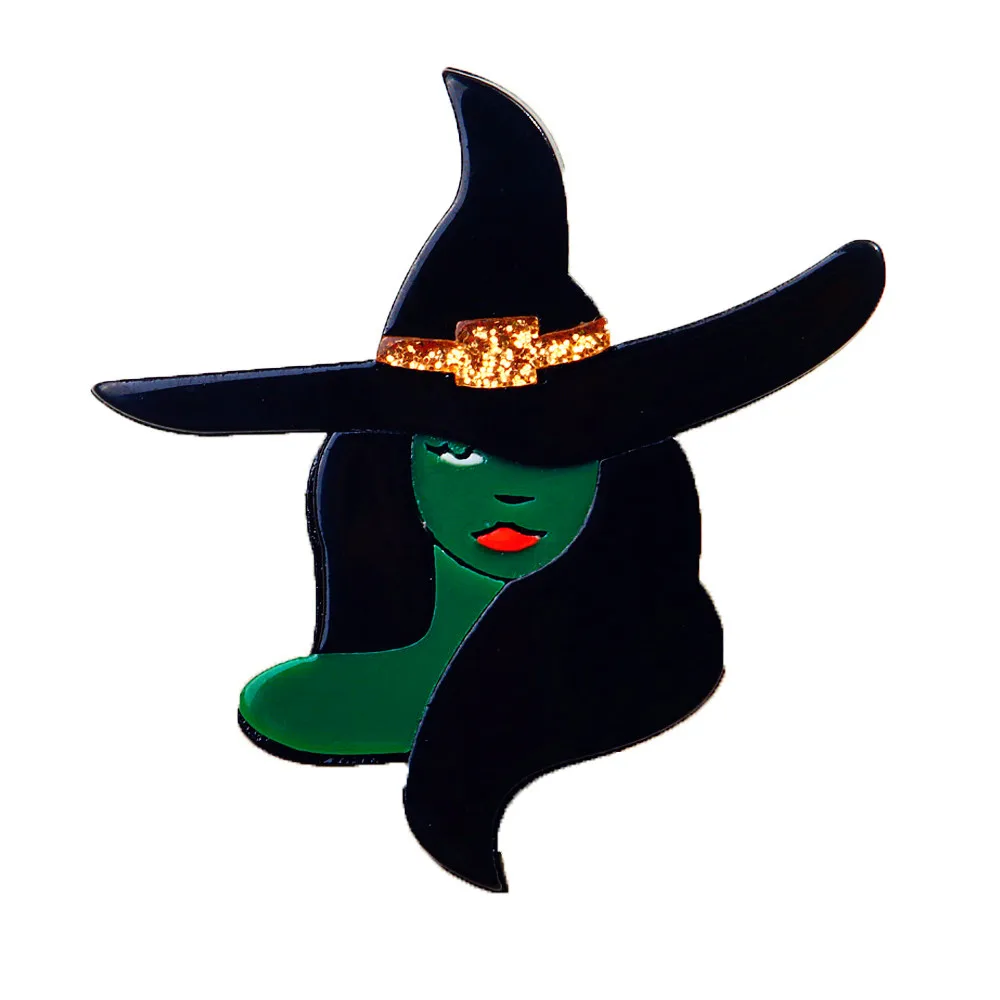 

New Acrylic Green Witch Brooch Pins for Women's Clothing Cartoon Wear Hat Girl Figure Brooches Badges Office Jewelry Accessories