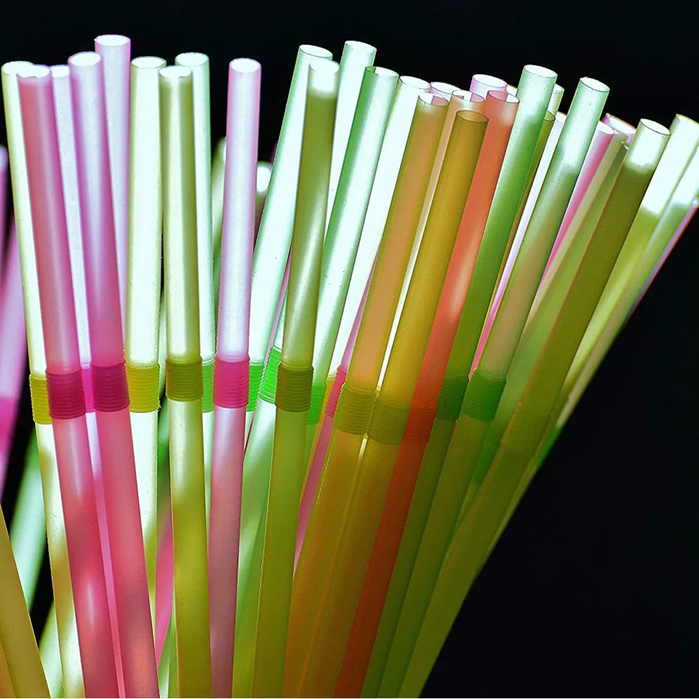 100pcs Neon Colored Plastic Drinking Straws Glow in UV Flexible Disposable Friendly Bendy Straws Glow Birthday Party Supplies