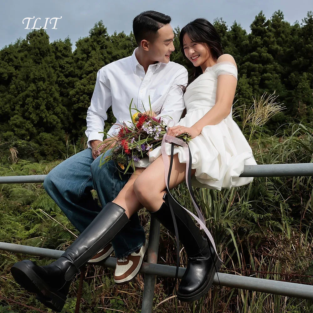 Tlit elegante branco curto seda cetim vestido de casamento fora do ombro vestido de baile coreia vestido de noiva fotos sessão personalizado