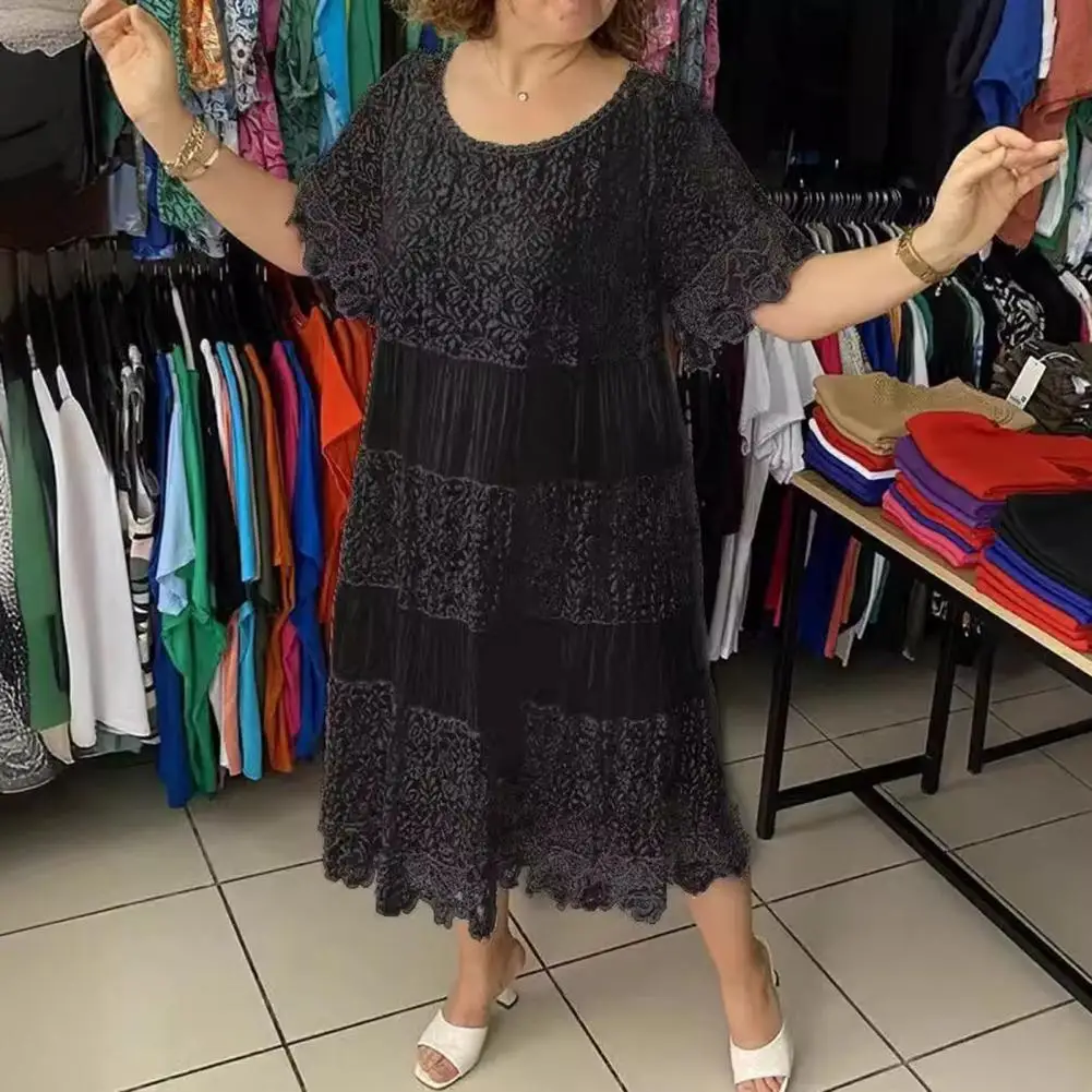 Vestido Midi de encaje para mujer, traje holgado de manga corta, cuello redondo, bordado de flores, plisado, Verano