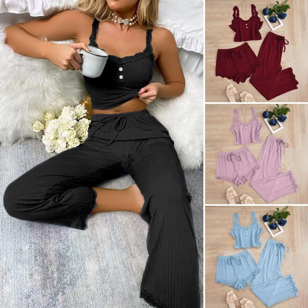 Women Pajamas Set Women Cozy Pajamas Women's Ribbed Knit Pajamas Set Lace Trim Cami Top with Shorts Long Pants Sleepwear Lounge