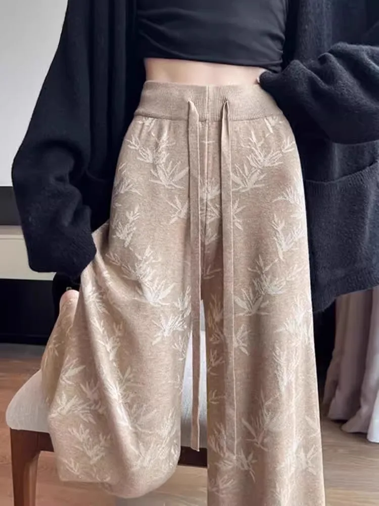 

New Jacquard Knitted Wide Leg Pants Women Autumn Winter Lazy Style Loose Pants Casual Long Pants