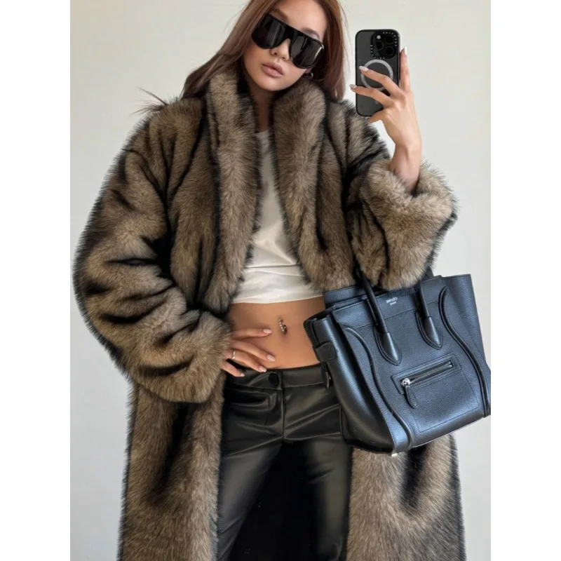 

Luxury High Quality Vintage Long Faux Fur Coat Winter Women's Clothing Warm Fur Jackets Fluffy High Street Outerwear Dark Brown