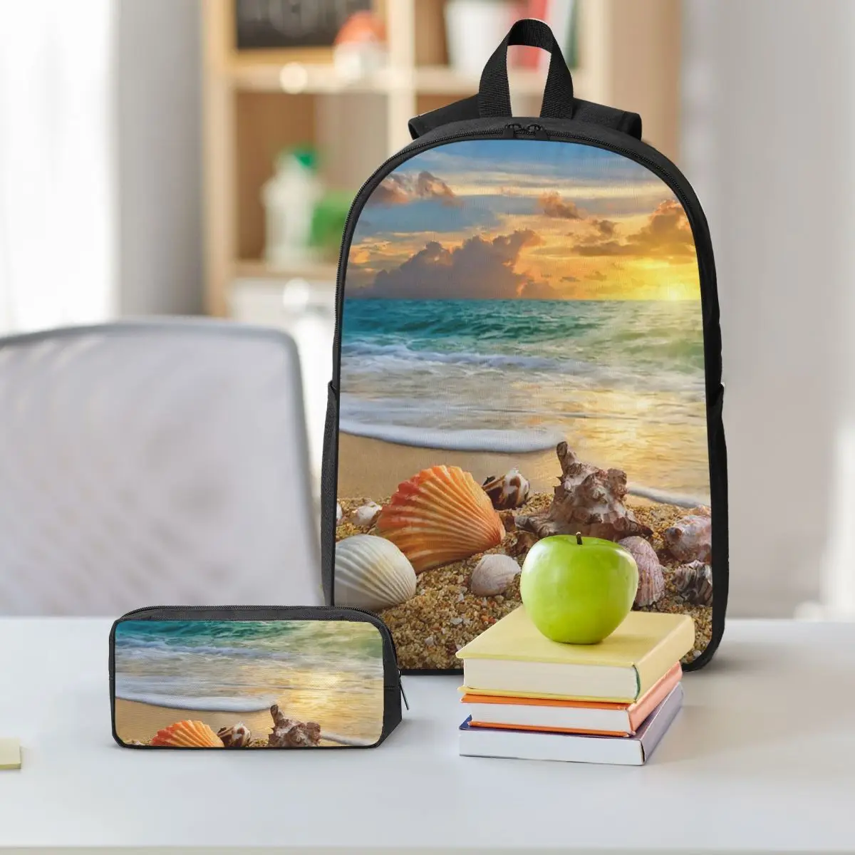 Shell With Beach Blue Printed Backpack Boys Girls BookBag School Bag Shoulder Bags 3ps Insulated Lunch Bag Pencil Case
