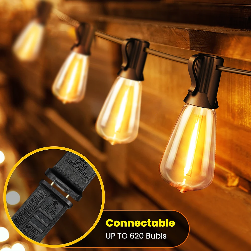 ST38 LED Outdoor Patio String Lights With US Plug, Shatterproof Bulb, Waterproof Hanging Lamp Connectable for Porch, Backyard