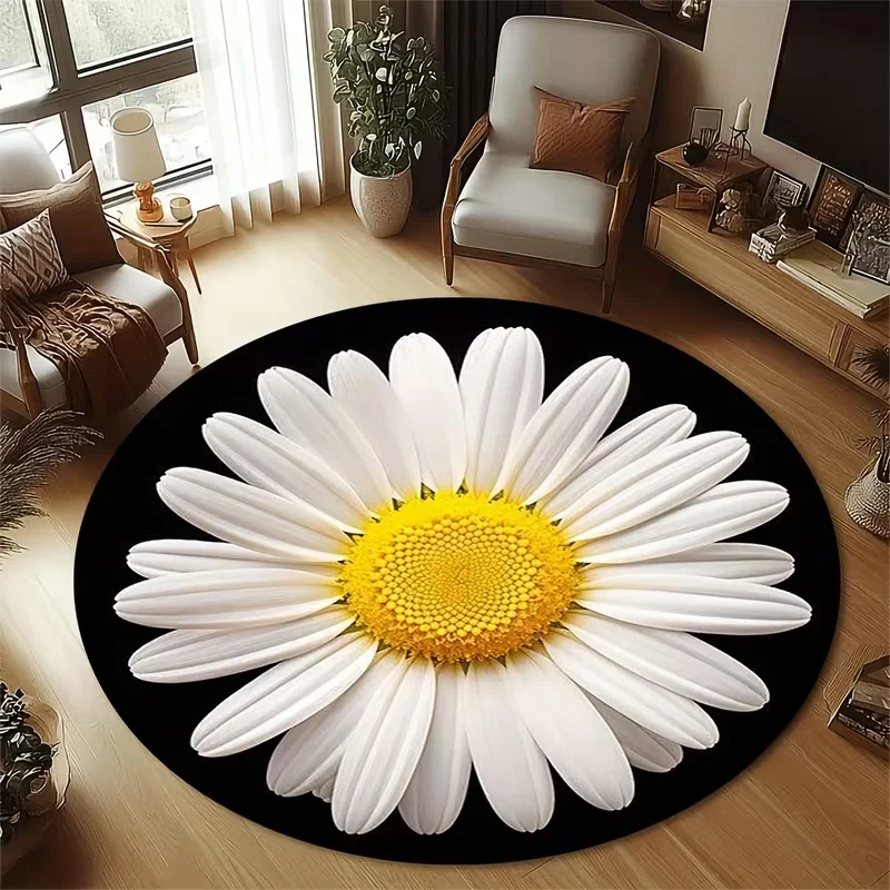 Sunflower Design Round Floor Mat Black Base Bright Bloom Pattern Non Slip Circle Carpet for Bedroom Living Room Indoor Use