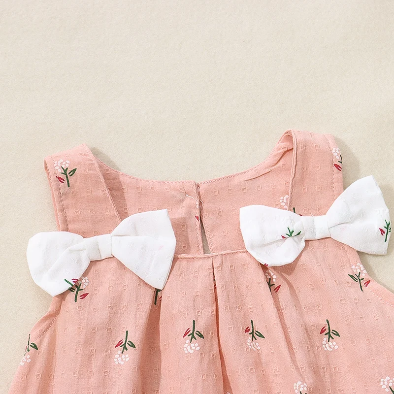 Summer New Korean Children\'s Clothing Summer Cute Solid Color Double Shoulder Bow Flower Printed Sleeveless Tank Top Skirt