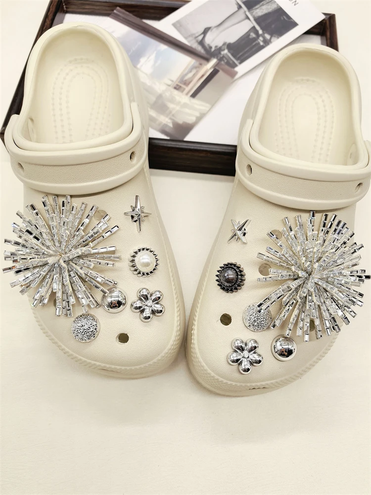 12PCS Shiny Firework Starbust Shoe Charms Accessories Silvery Heart Clogs Shoe Buckles DIY Decorations Round Beads Shoe Clips