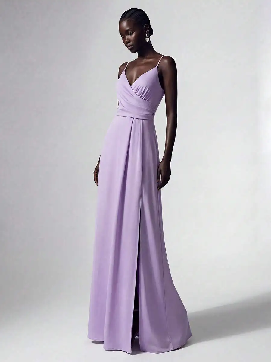 

Elegant Purple Evening Dress With Deep V Neck Spaghetti Straps High Slit Floor Length