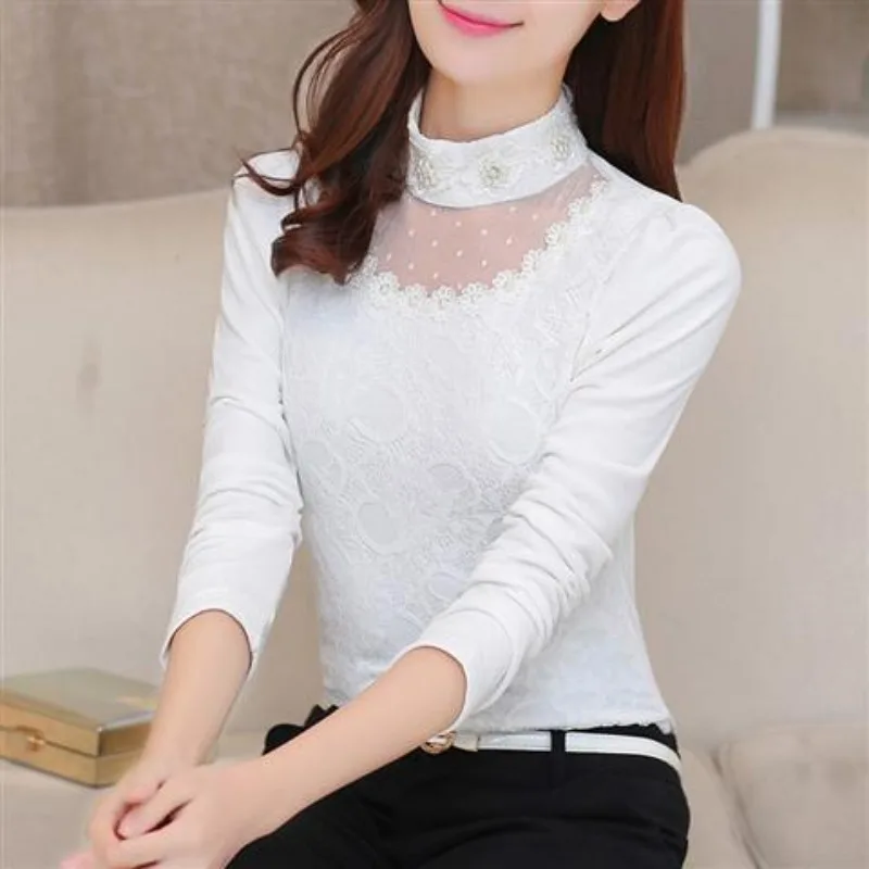 

Thin/Thick Autumn/Winter New Solid Color Bottoming Shirt Women's Long Sleeves Top Fashion Mesh Lace Tshirt TT86