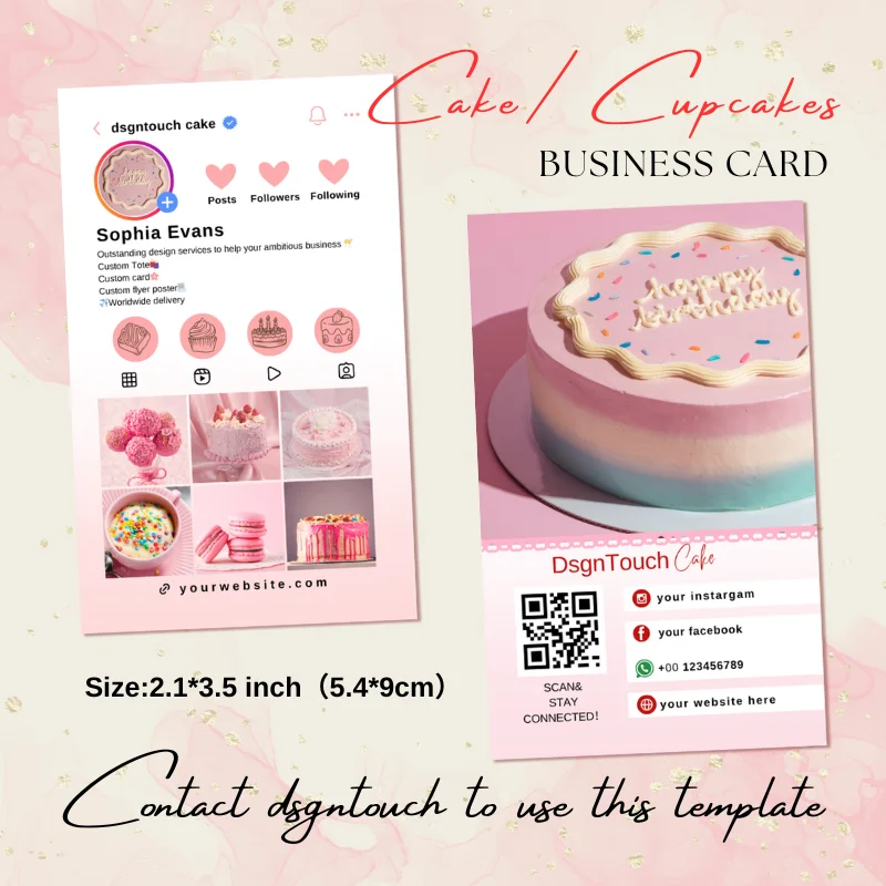 DsgnTouch Sweets Business Card for Chocolate Cupcake Cake Bakery Card with Professional Social Media QR Code  Canva Template