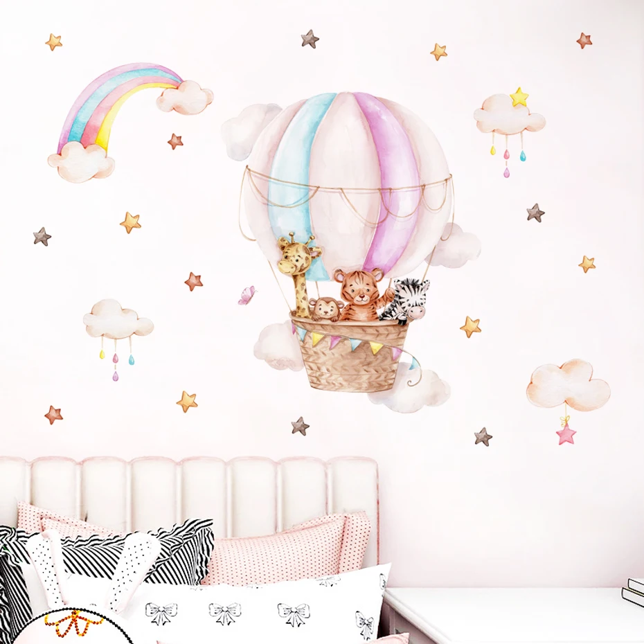 Pink Hot Airballoon Cute Animals Cloud Rainbow Watercolor Wall Stickers for Kids Room Baby Nursery Room Wall Decals Home Decor