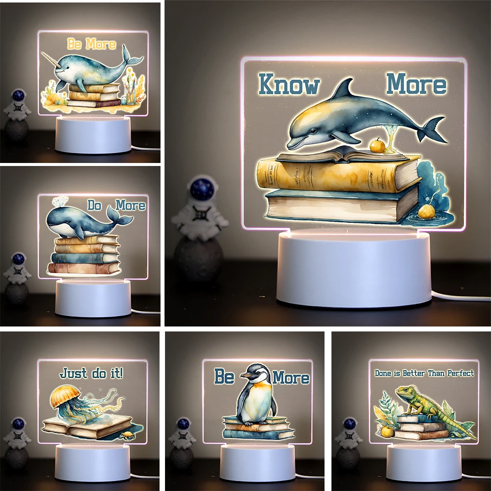 

Hot Kawaii Cute Water Animal Whale Peguin Frog On Books LED Night Light Table Lamp As Kids Study Birthday Gift For Home Decor