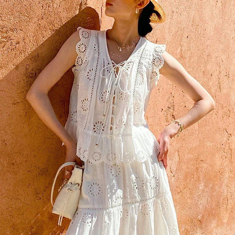 

French Style Embroidery Hollow Out Blouse Shirt Women White Cotton Crochet Lace Set Sleeveless Tie Front Summer Vacation Tops