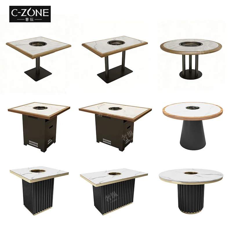 Solid wood marble hot pot table Commercial induction cooker Integrated smokeless barbecue table String buffet restaurant dining