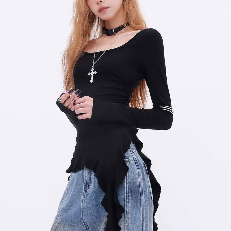 

Vintage U Neck Long Sleeve All Match Simple Commuter T Shirts Y2k Aesthetic Spliced Ruffle Women Clothes American Punk Tops