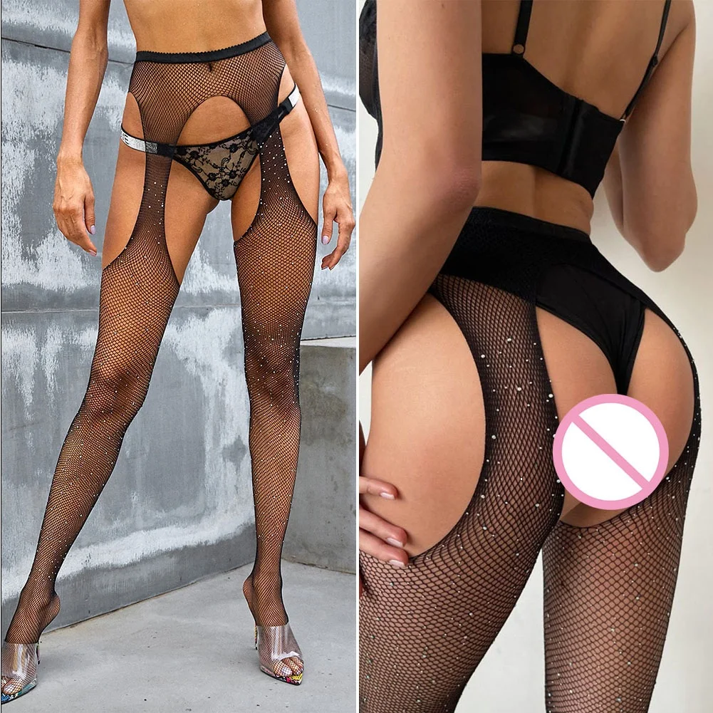 Women\'s Lingerie Sexy Open Bare Crotch Netting Pantyhose With Rhinestone Access Black Crotchless Mesh Fishnet Stocking Tight