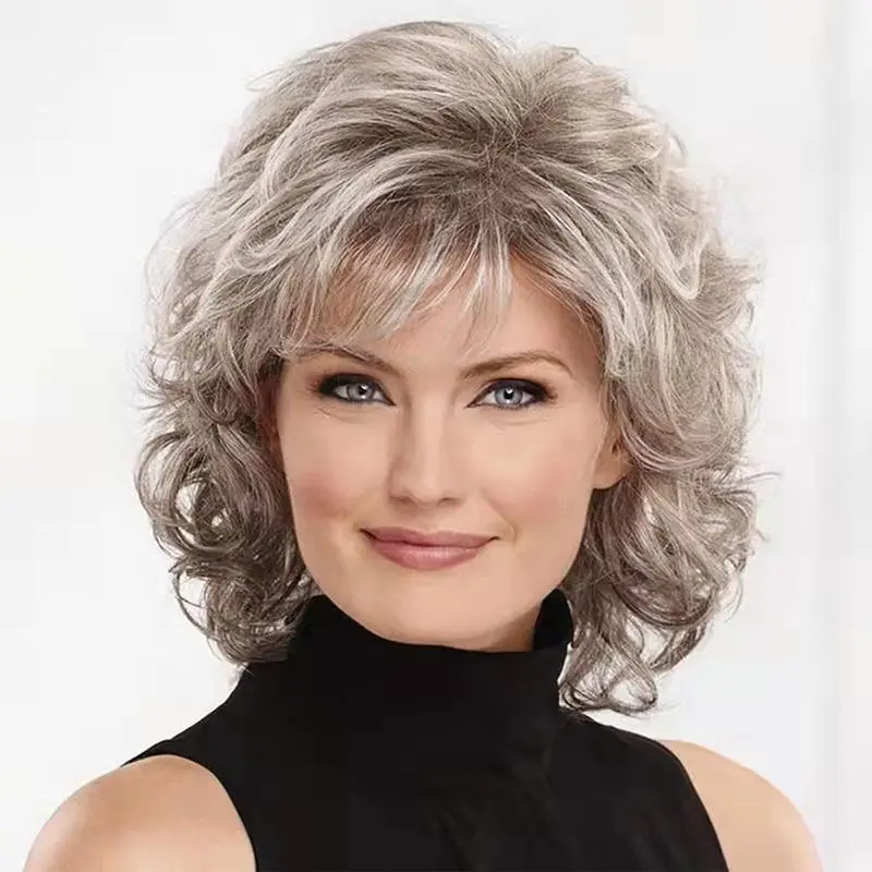 New European and American fashion wig for women, short curly hair, gray gradient synthetic fiber headpiece.