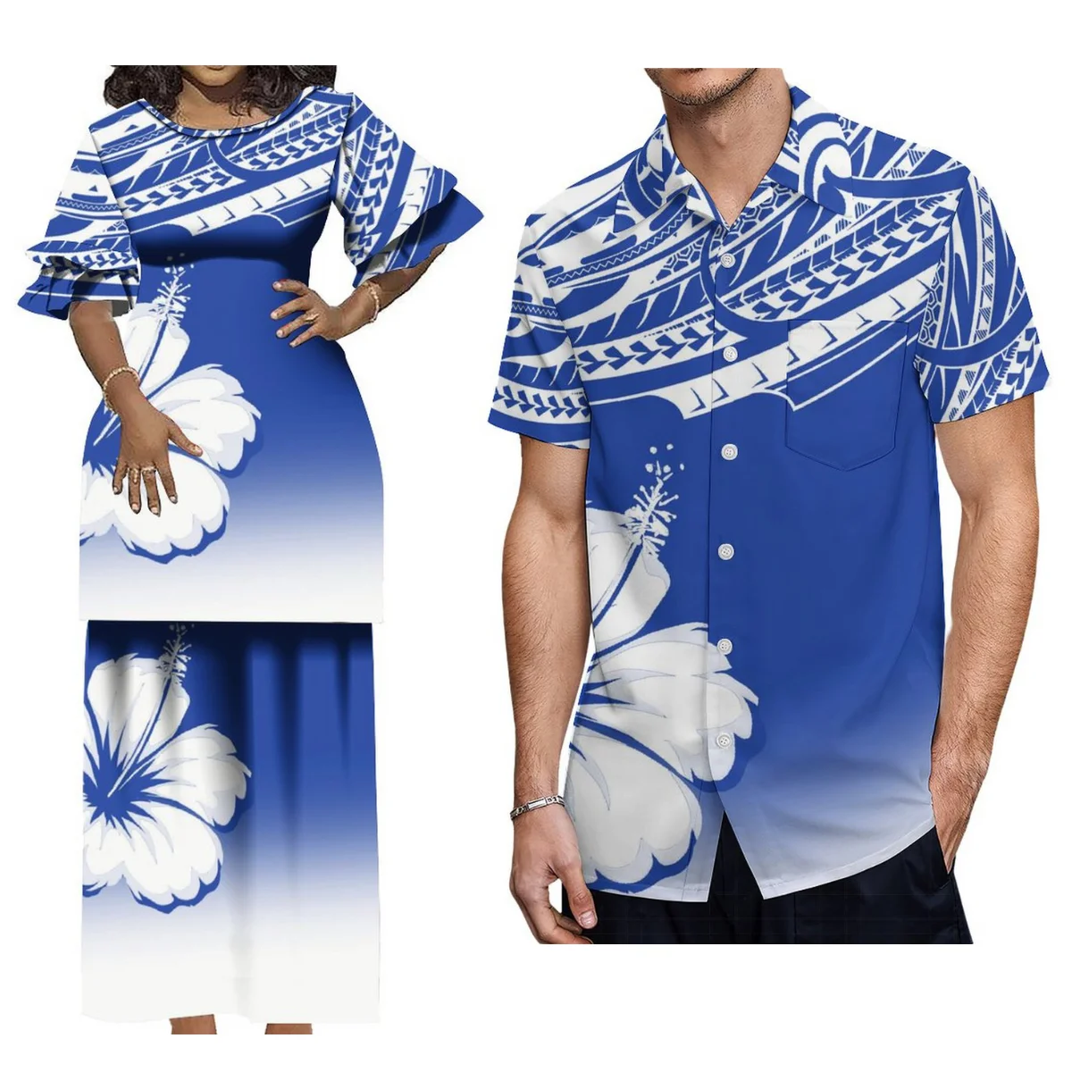 

2024 Hot Polynesian Couple Suit Custom Men'S Loose Shirt And Women'S Pletassi Dress Fiji Tonga Top And Long Skirt Two-Piece Set