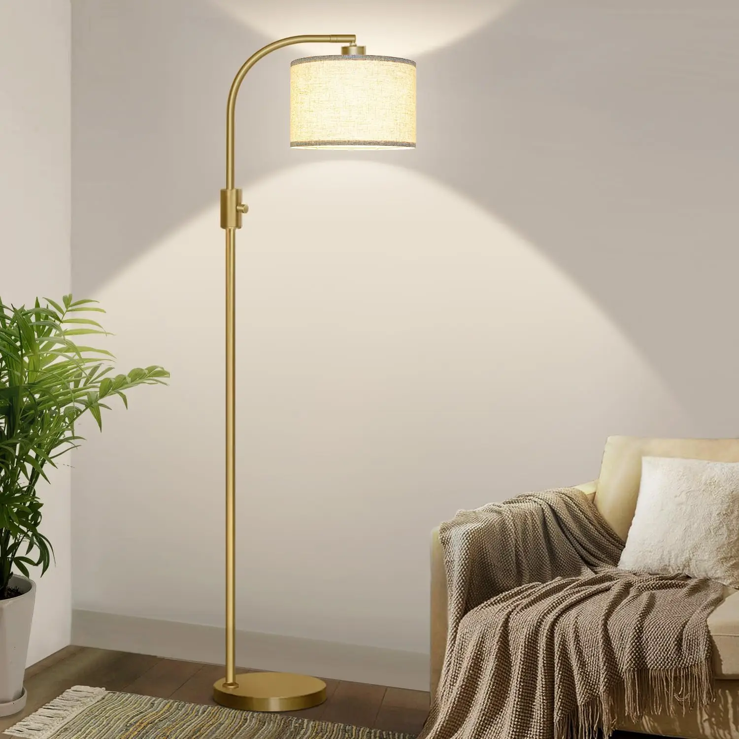Upgraded GoldTone ModernArc Dimmable Tall Standing Floor Lamp, Linen Lampshade, 1200Lumen LED Bulb Included, For LivingRoom, ReadingRoom, Bedroom, Office & Nursery
