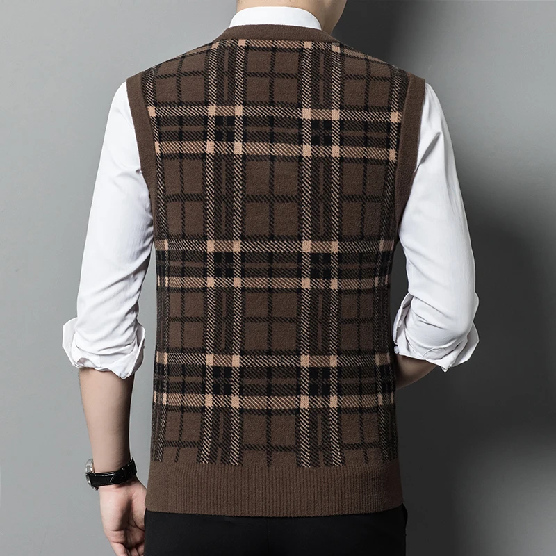 Men 14% Wool Knit Tank Sweater Jumpers Sleeveless Plaids Retro Vintage Casual for Autumn Winter V Neck 00948