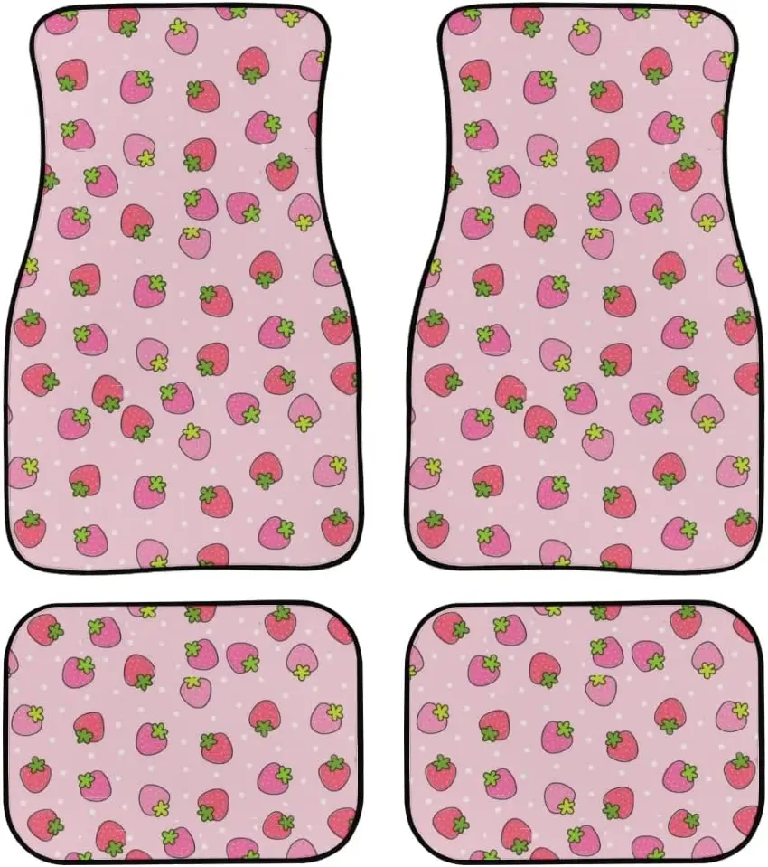 Pink Strawberry Car Floor Mats 4 Pieces Set, Rubber Non Slip Backing for Women Men Full Set Accessories