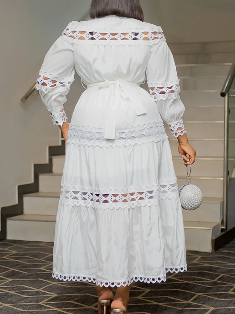 Weiß aushöhlen Kleid Frauen Vintage Spitze Spleiß lange Kleider weiblich elegant schick lässig einreihig Verband Party kleider