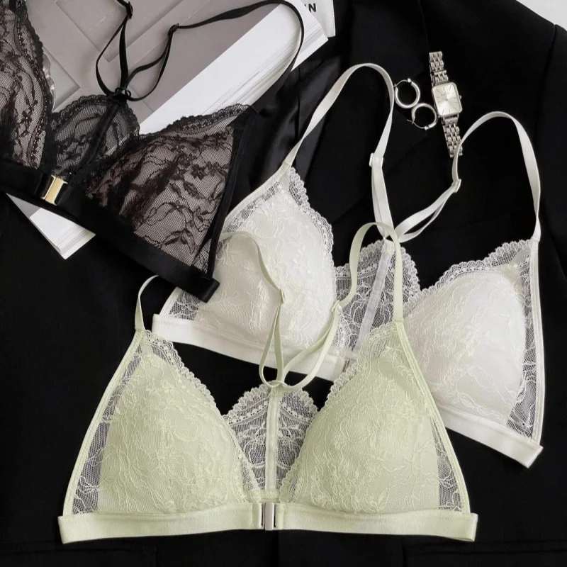 Lingerie sexy à dos boutonné et à dentelle confortable de style français pour femmes - Modèle fin avec bonnets en dentelle de forme triangulaire