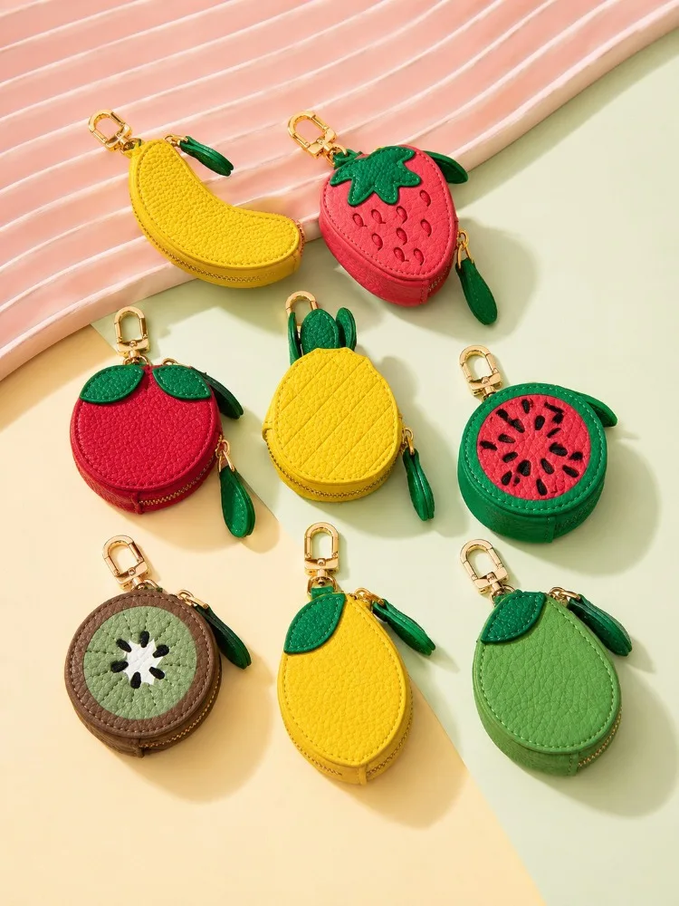 Cute Fruit Leather Keychain Mini Coin Purse Zipper Pouch For Backpack Charm Women Girl Summer Beach Vacation Accessories Gifts