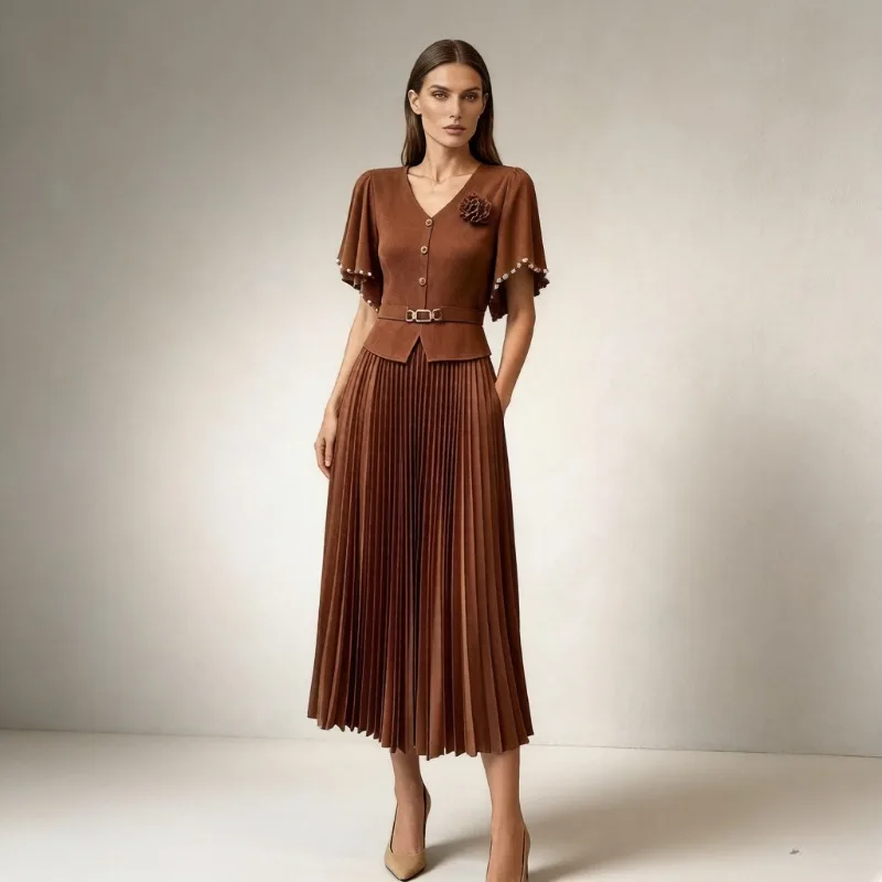 

Miyake Pleated Dresses Plisse 2026 Summer New Fake Two-Piece Design Sense Elegant High-End Slimming V-Neck Waist-Cinching Dress