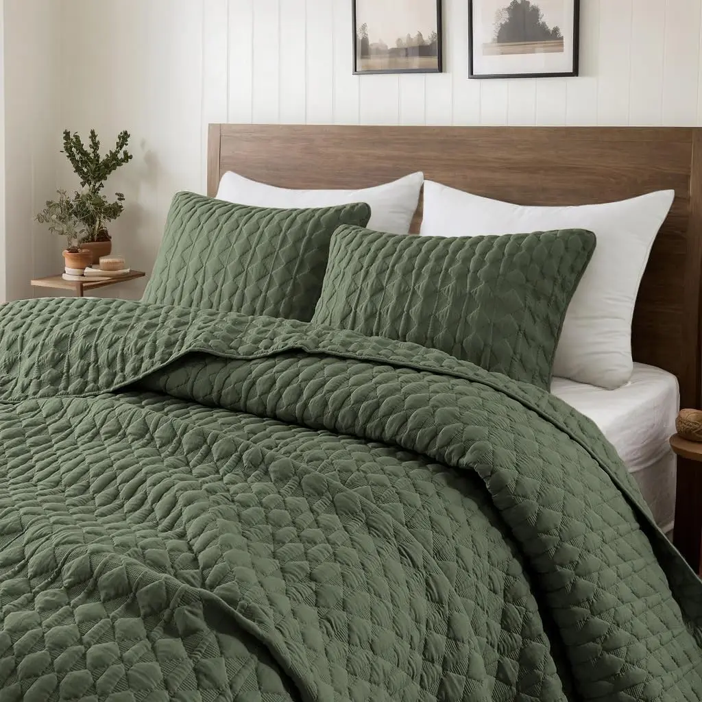 

Комплект стеганых одеял Olive Green Oversized California King, легкое мягкое покрывало для всех сезонов, 3 предмета