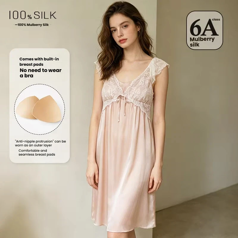 2026 Summer New 100% Mulberry Silk French Princess Nightdress Loose Sleepwear With Built-in Bra Elegant Homewear