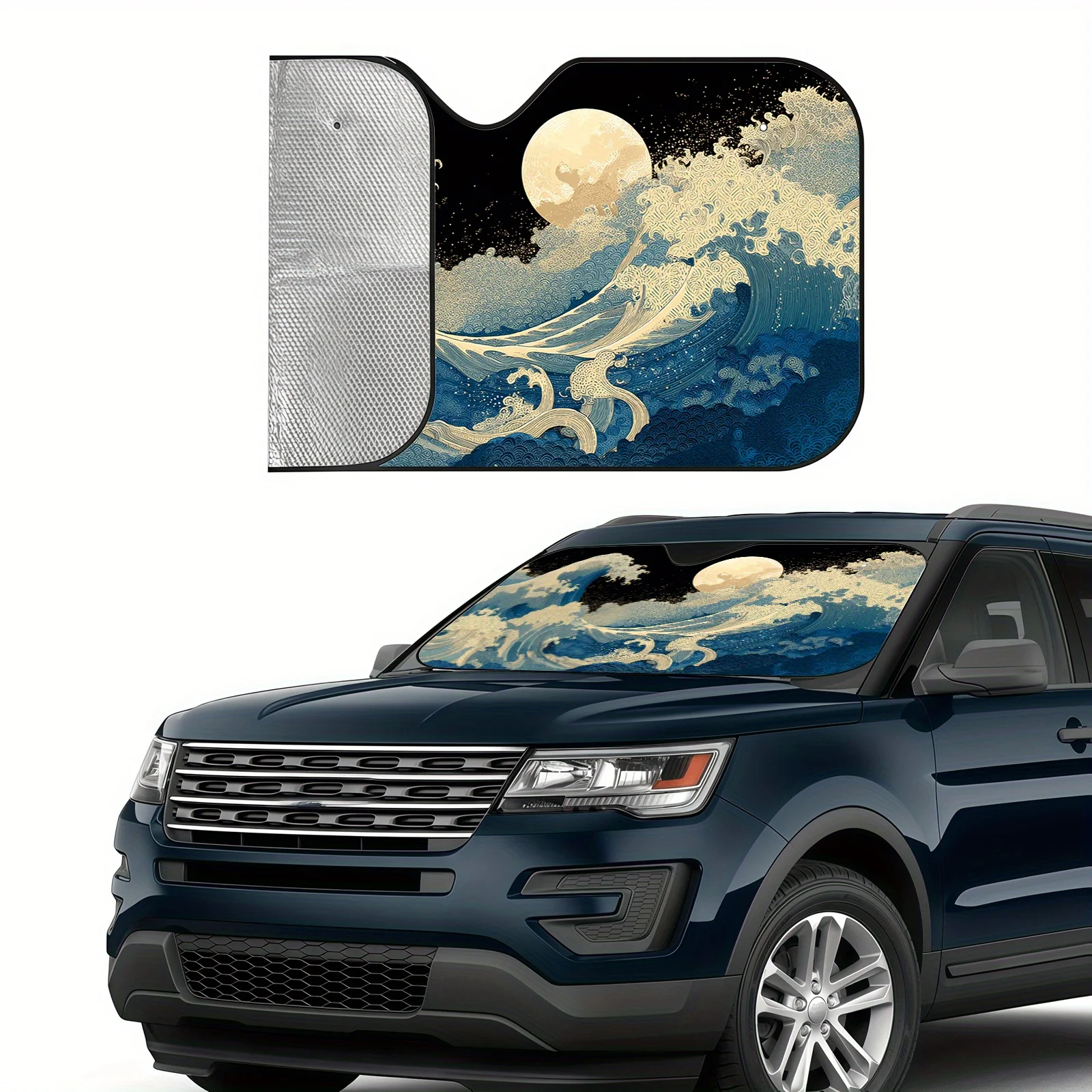 Wave Moon Car Sunshade, Japanese Art Style Heat Insulation And Cooling