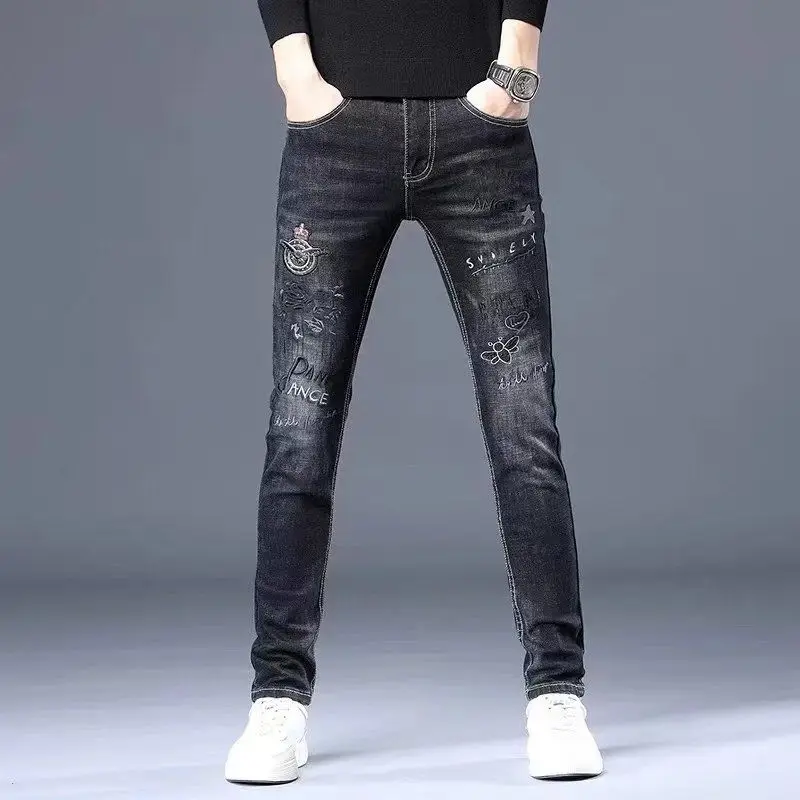 Luxury Men\'s Skinny Jeans with Embroidery Hip Hop Style Korean Fashion Harajuku black Trendy Streetwear Pants Casual Trousers