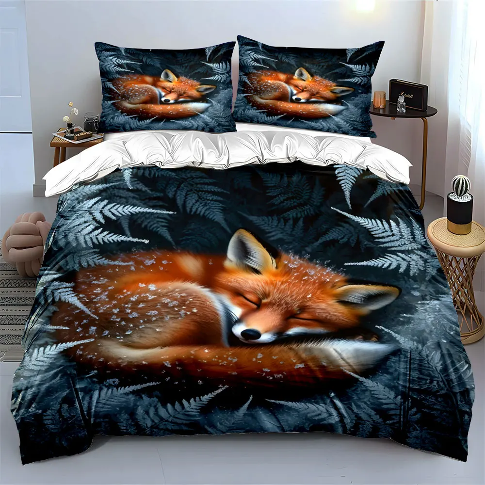 Fox curled in winter snow Print Soft Comfortable Duvet Cover Bedding Set Included 1*Duvet Cover  2*Pillowcases Luxury Gift