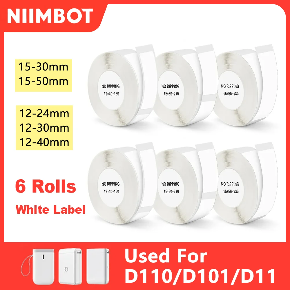 Niimbot 6 Rolls White Label Paper Official Stickers For D110 D11 D101 Label Maker Adhesive Paper Anti-oil Waterproof Blank Label