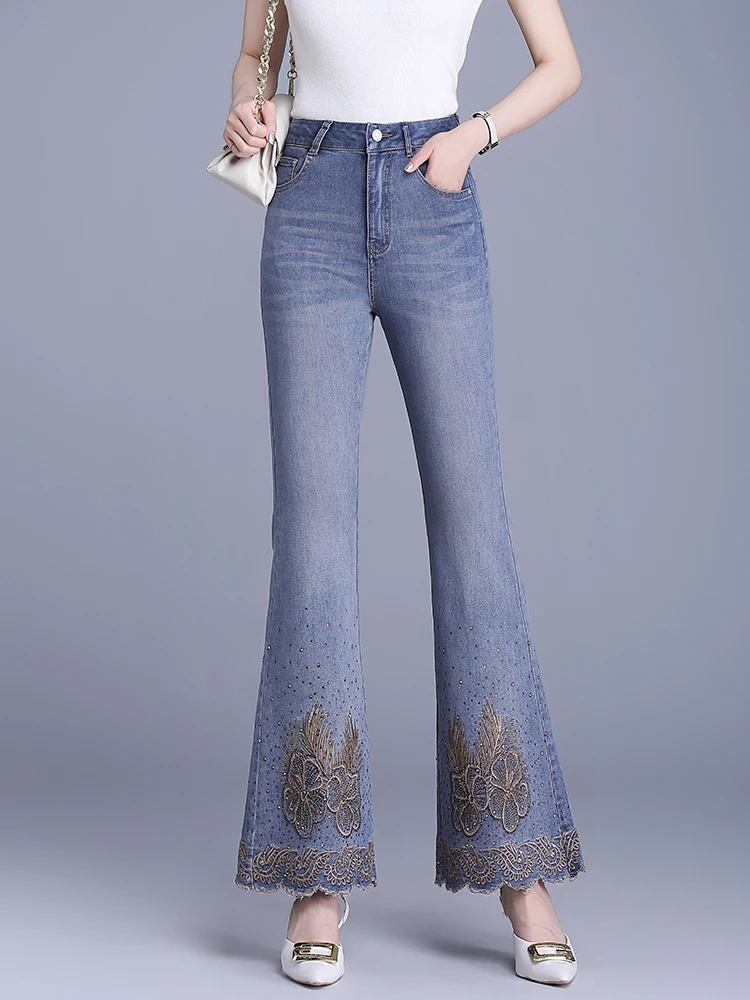 

Джинсы с высокой талией, облегающие, слегка расклешенные, женские, летние, тонкие, новая модель, с вышивкой и стразами, прямые брюки из денима