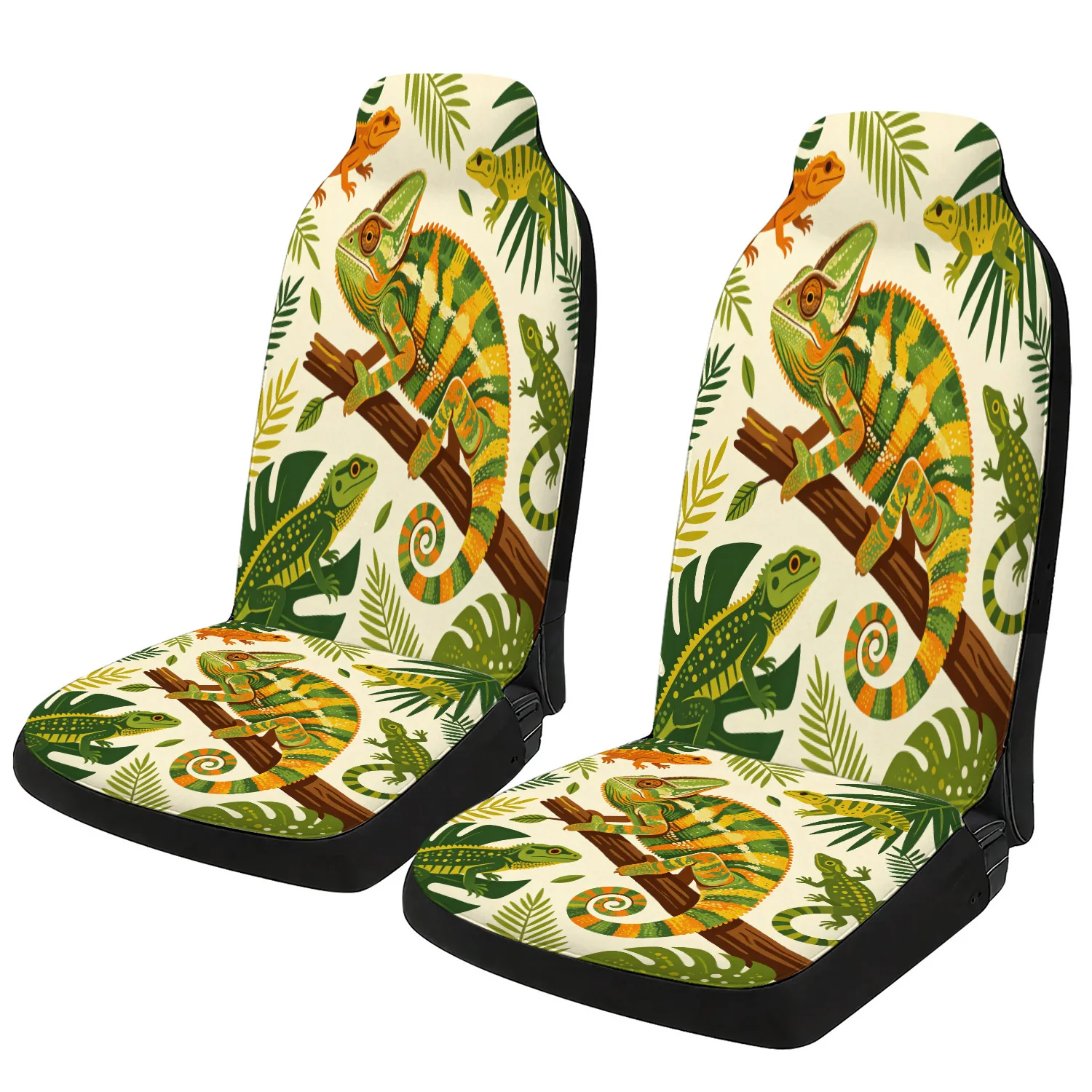 Car Seat Covers Auto Seat Protectors Universal Fit, Green Orange Chameleon Lizard Tropical Leaves Print, Modern Summer, Car SUV