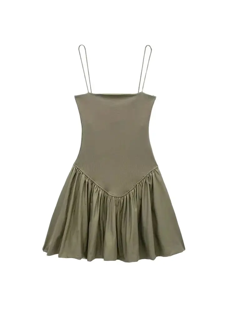 TRZA-Women's Patchwork Ribbed Poplin Puff Mini Dress, Straight Neck, Thin Straps, Female Dresses, Sexy Fashion image 2