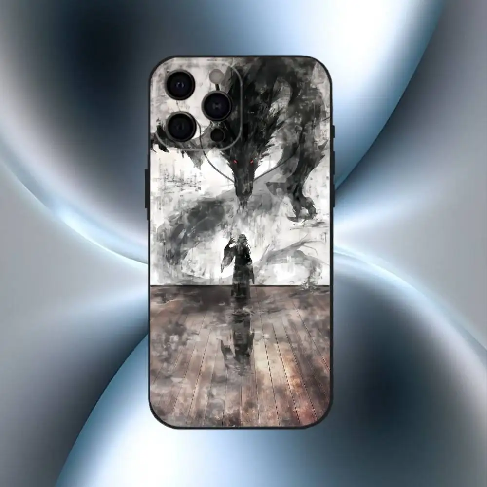 Dragon Pattern Ink Brush Painting Phone Case For iPhone17,16,15,14,13,12,11 Plus,Pro Max Soft Black Cover
