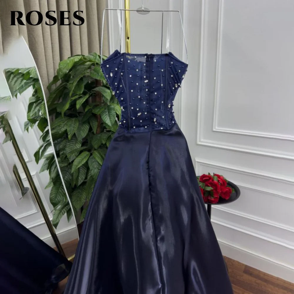 Rosas azul marinho vestido de festa com pregas a linha sem mangas vestido de noite glitter querida vestido de celebridade para mulher personalizado