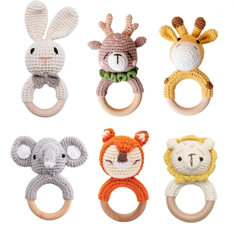 1pc Baby Teether Music Rattles for Kids Animal Crochet Rattle Elephant Giraffe Ring Wooden Babies Gym Montessori Children's Toys